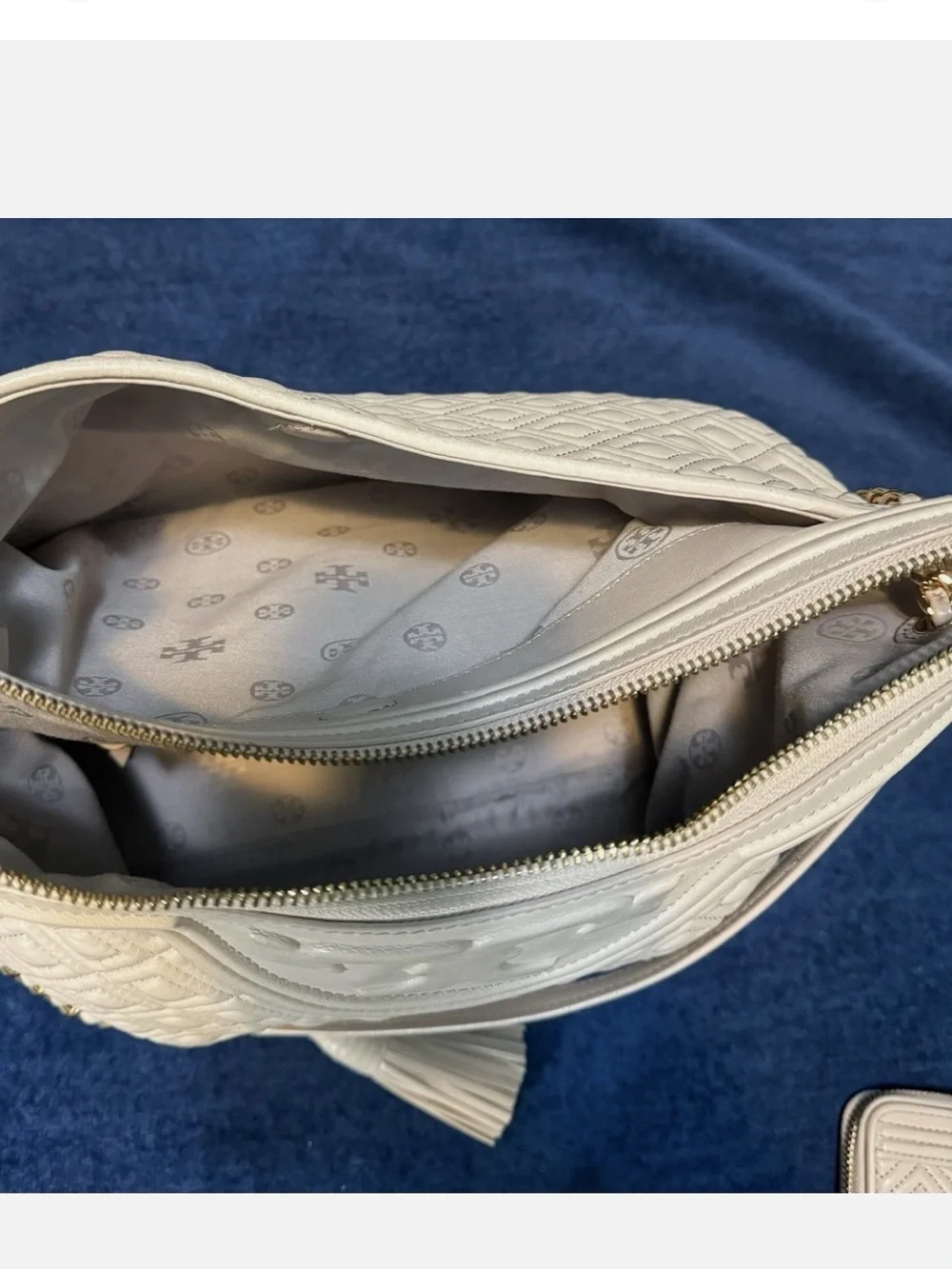 Tory Burch Cream Quilted Leather Shoulder Tote with Tassel & Wallet
